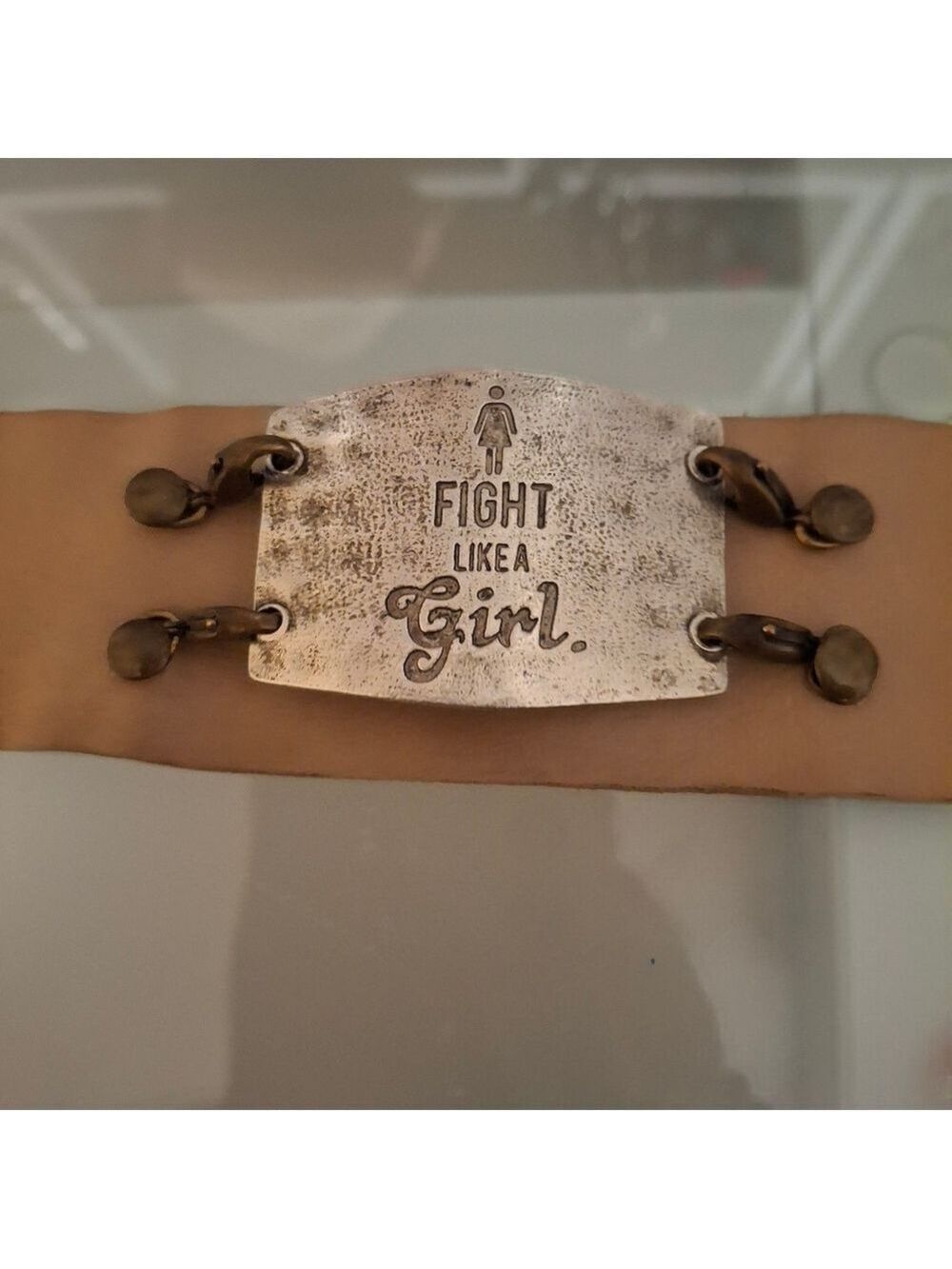 Lenny & Eva Tan Leather Fight Like A Girl Bracelet with Metal Plate